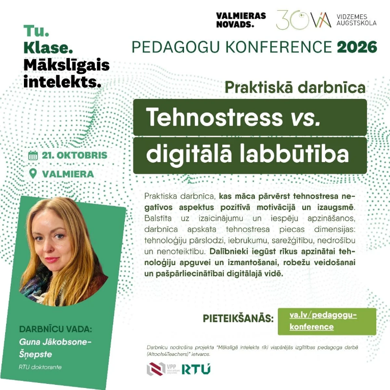 Tu. Klase. Mākslīgais intelekts. Praktiskās darbnīcas "Tehnostress vs. digitālā labbūtība" baneris