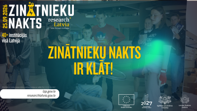Zinātnieku nakts attēls ar logo un uzrakstu "Zinātnieku nakts ir klāt". Fonā bērni universitātes telpā piedalās aktivitātēs. 
