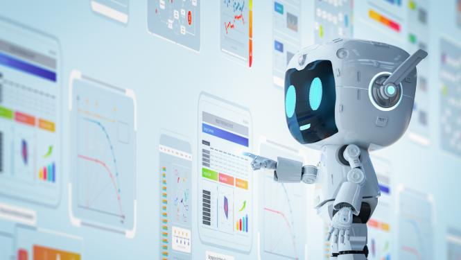 Mākslīgā intelekta robots analizē datus digitālā vidē