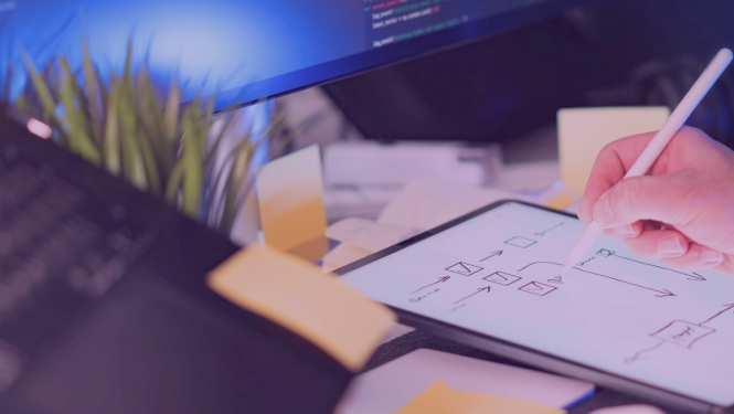 Persona planšetdatorā izstrādā digitālā risinājuma shēmu, kamēr fonā redzams dators ar programmēšanas kodu.