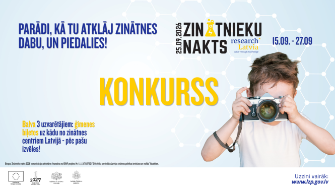 Zinātnieku nakts 2026 konkurss. Uz attēla informācija par konkursu un bērns, kurš fotografē tos, kas uz viņu skatās