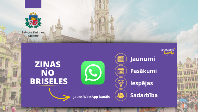 Informācija par WatsApp kanālu "No Briseles". Fonā attēls ar Grand Place laukumu Briselē,  Beļģijā.