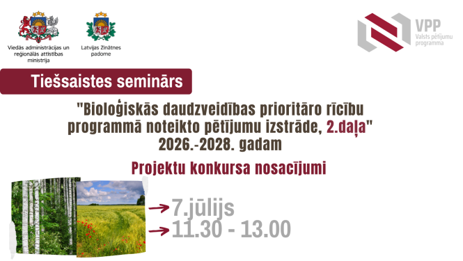 VPP tiešsaistes semināra izsludināšanas attēls, kurā norādīta semināra tematika un norises laiks