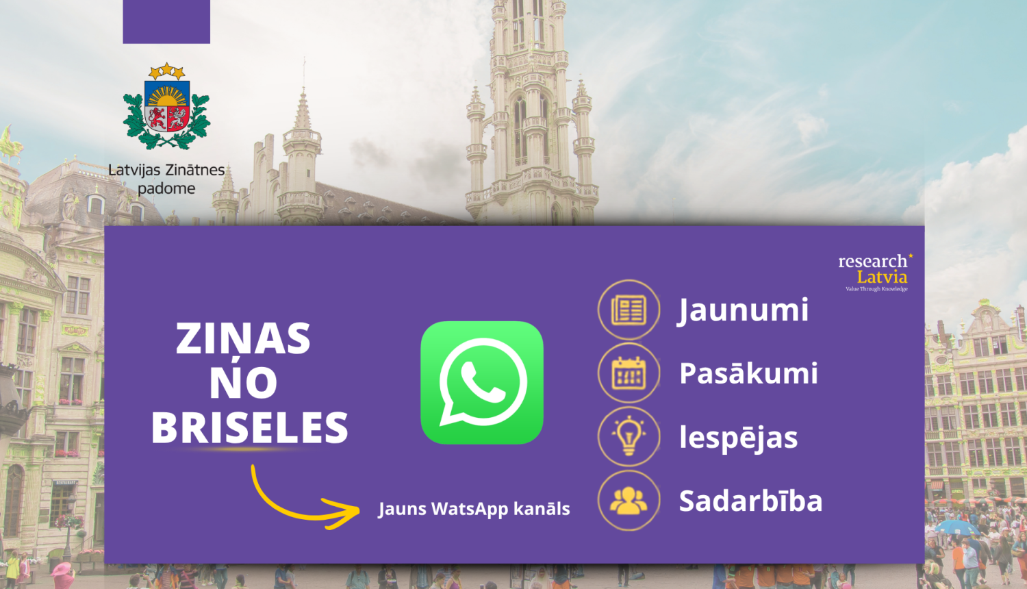 Informācija par WatsApp kanālu "No Briseles". Fonā attēls ar Grand Place laukumu Briselē,  Beļģijā.