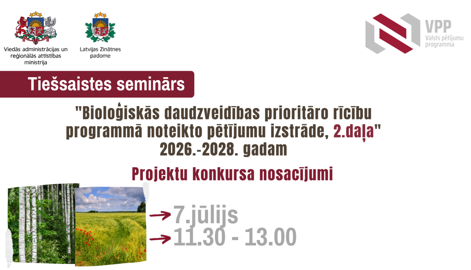 VPP tiešsaistes semināra izsludināšanas attēls, kurā norādīta semināra tematika un norises laiks