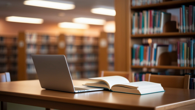 Uz galda novietots dators un atvērta grāmata. Fonā bibliotēka. 