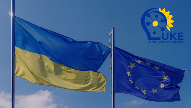 Ukrainas un Eiropas Savienības karogi un projekta LUKE logo