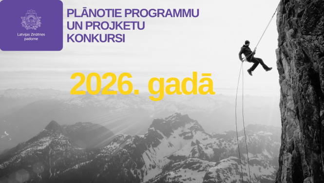 2026. gada programmu un projektu apkopojums. Fonā melnbalta fotogrāfija ar klinšu kāpēju
