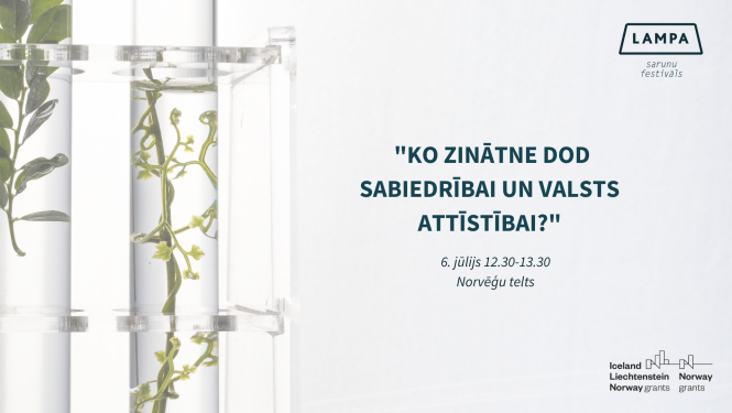 Attēls ar kolbām, kurās ievietoti augi un informācija par Sarunu fesivāla LAMPA diskusiju