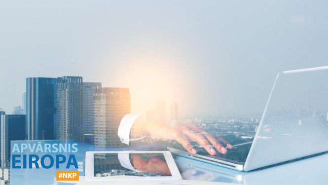 Atvērts klēpjdators un roka. Stūrī Apvārsnis Eiropa logo