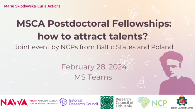Marijas Skłodowskas Kirī aktivitāšu Pēcdoktorantūras stipendiju pasākums Baltijs valstīs un Polijā plakāts
