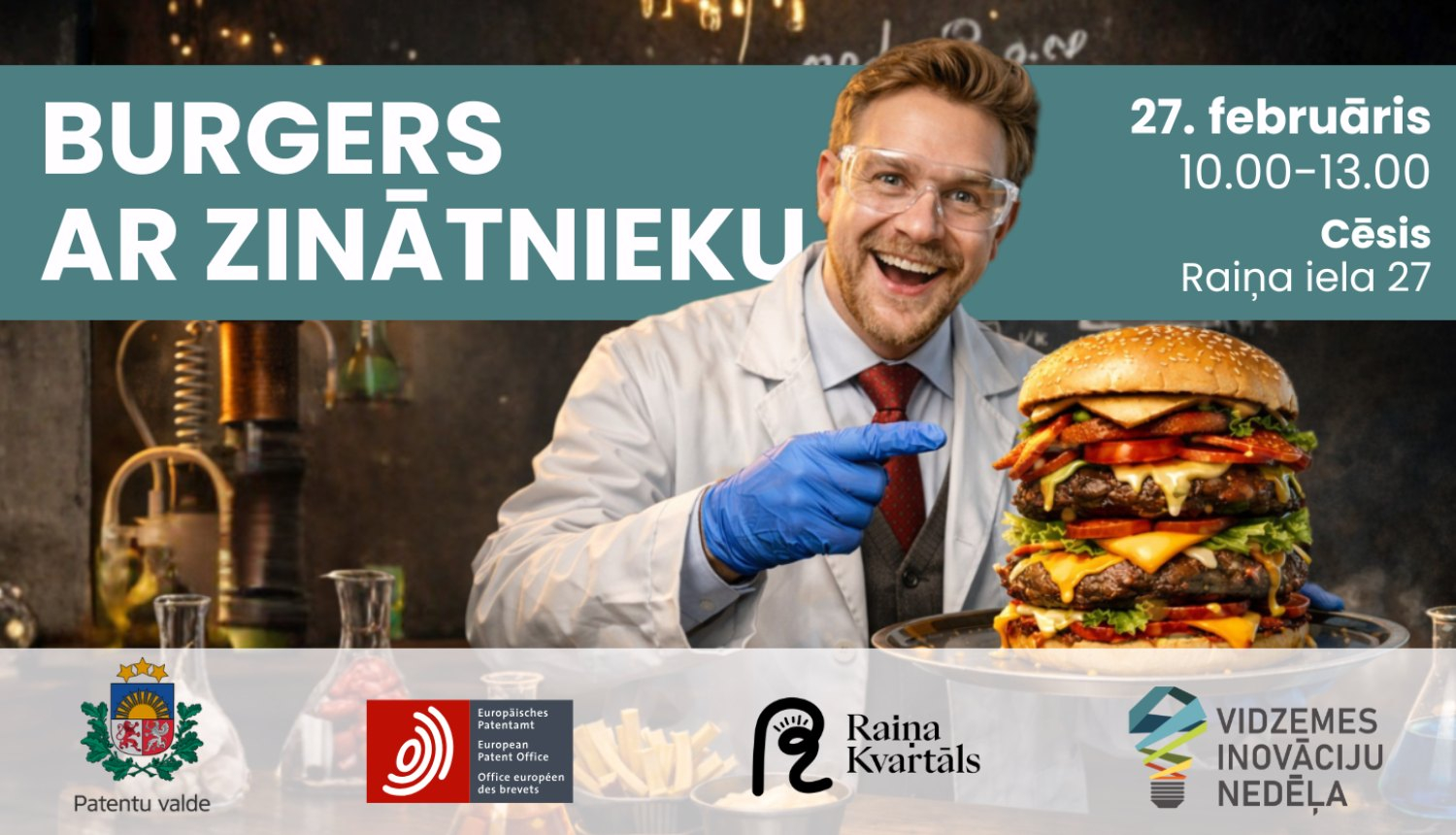 "Burger ar zinātnieku" klātienes semināra plakāts