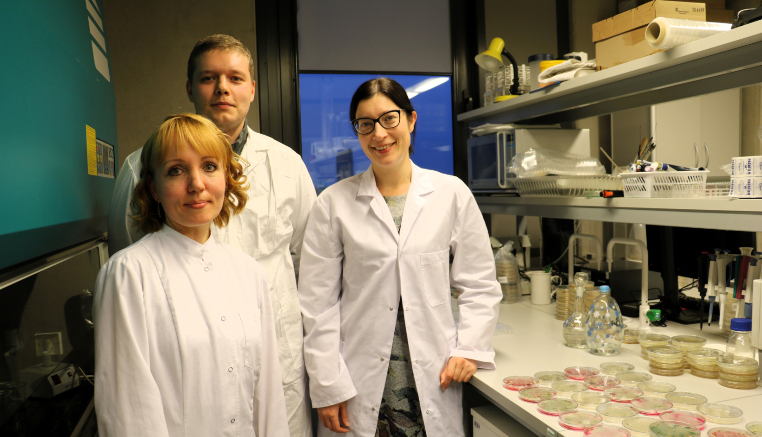 projekta “Sēklu mikrobioma raksturojums un dinamika nezāļu augsnes sēklu bankā” pētnieki laboratorijā