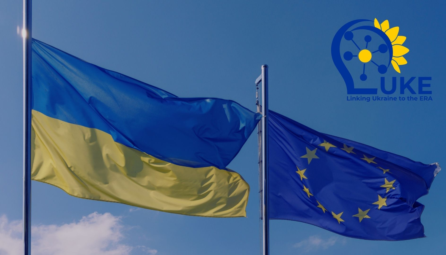 Ukrainas un Eiropas Savienības karogi un projekta LUKE logo