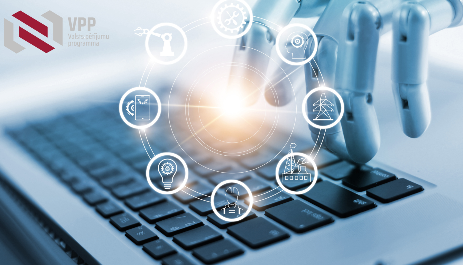 Robota roka uz atvērta datora klaviatūras, attēla priekšplānā dažādas digitalizāciju simbolizējošas ikonas