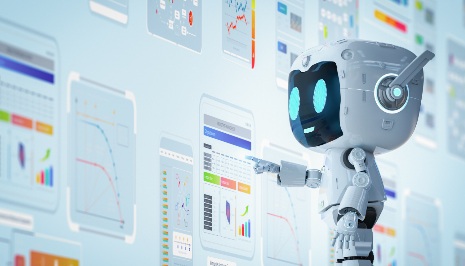 Mākslīgā intelekta robots analizē datus digitālā vidē