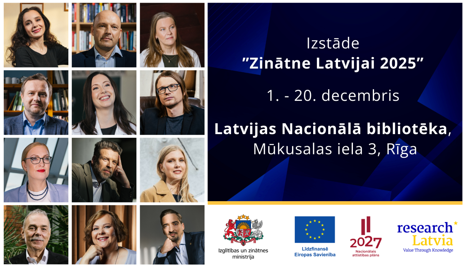 researchLatvia ceļojošās izstādes titulattēls, kurā attēloti 12 zinātnieki, kas iekļauti Zinātne Latvijai 2025 kalendārā
