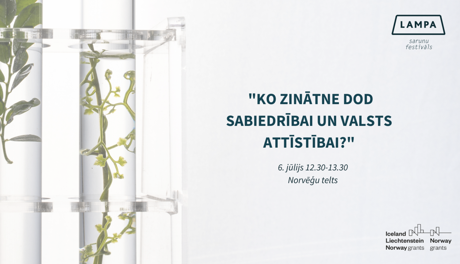 Attēls ar kolbām, kurās ievietoti augi un informācija par Sarunu fesivāla LAMPA diskusiju